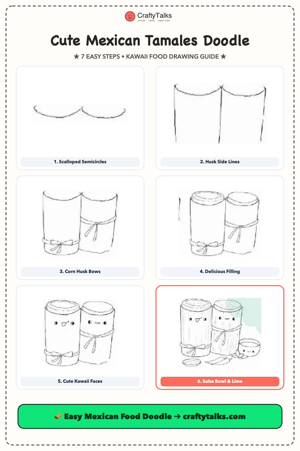 Step-by-step 6-panel tutorial grid showing how to draw cute Mexican tamales doodle