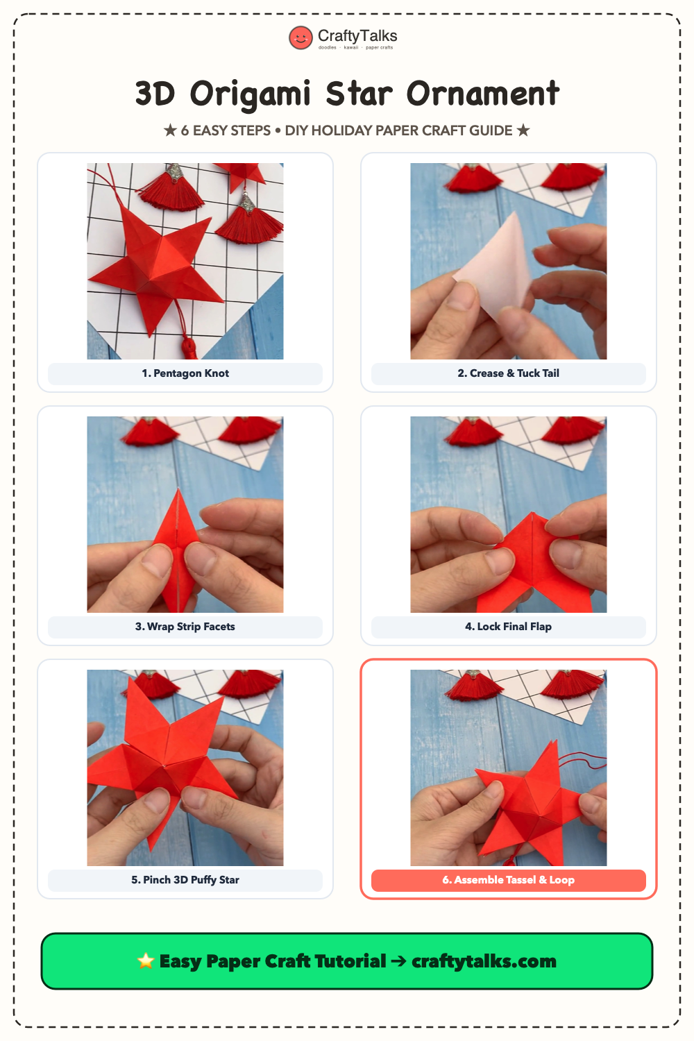 Step-by-step 6-panel tutorial grid showing how to make 3D origami star ornament