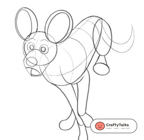Step 4: Drawing expressive eyes, open jaw smile, inner ear rims, and hind legs with paw cuffs