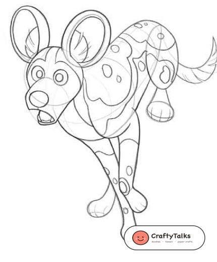 Step 5: Inking muscular canine contours, curved tail tip, and calico coat patch borders