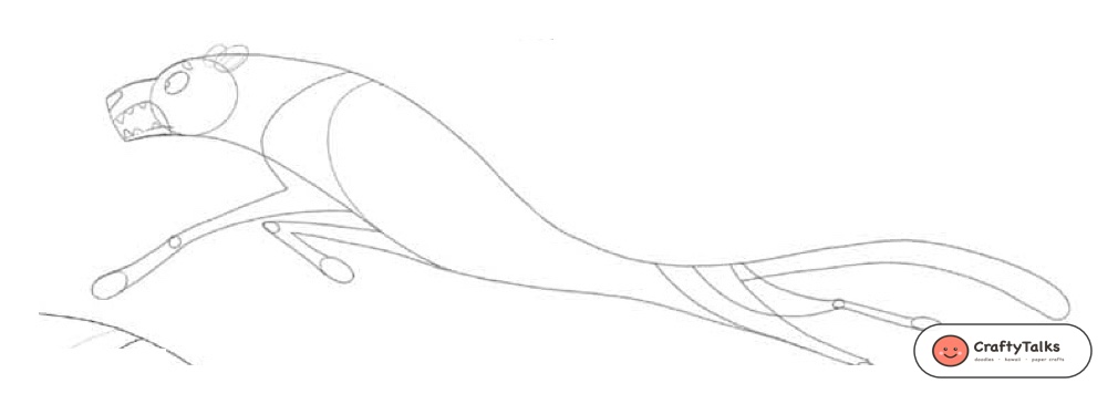 Step 4: Drawing intense cartoon facial expression with snarling mouth, sharp teeth, and paw claws