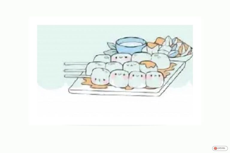 Finished cute Indonesian chicken satay food doodle platter with skewers, peanut sauce drizzle, cucumber slices, and dipping bowl