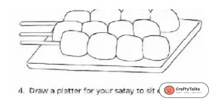 Step 4: Sketching a rectangular ceramic serving platter beneath the satay skewers