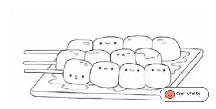 Step 6: Drawing cute smiling kawaii faces, grilled meat texture specks, and sauce dollop