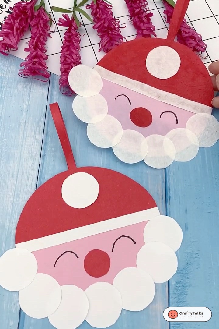 Finished handmade paper circle Santa Claus Christmas tree ornaments with hanging loops