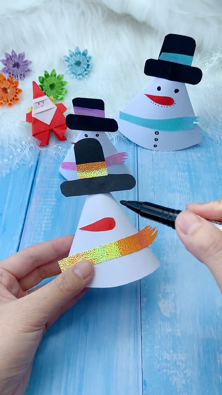 Step 6 Hand Drawing Snowman Coal Eyes Dotted Smile and Buttons with Black Pen