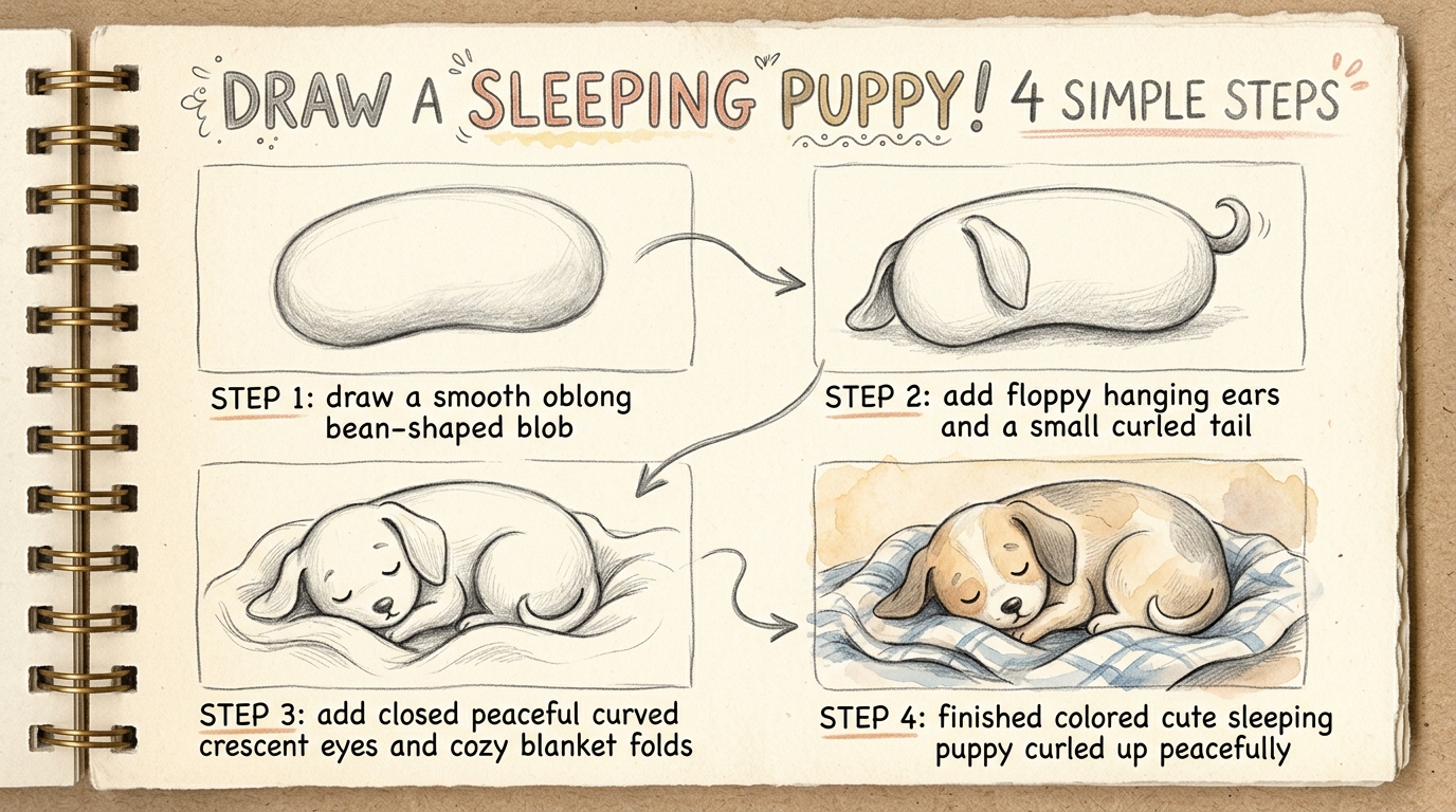 Step-by-step drawing lesson showing how to turn a bean blob into a cozy sleeping puppy in 4 steps