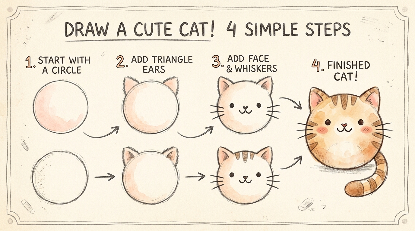 Step-by-step drawing lesson showing how to turn a circle into a cute cat in 4 simple steps