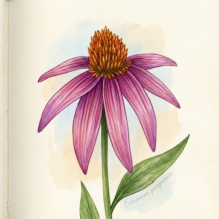 Botanical Watercolor Illustration of Purple Coneflower Echinacea Purpurea