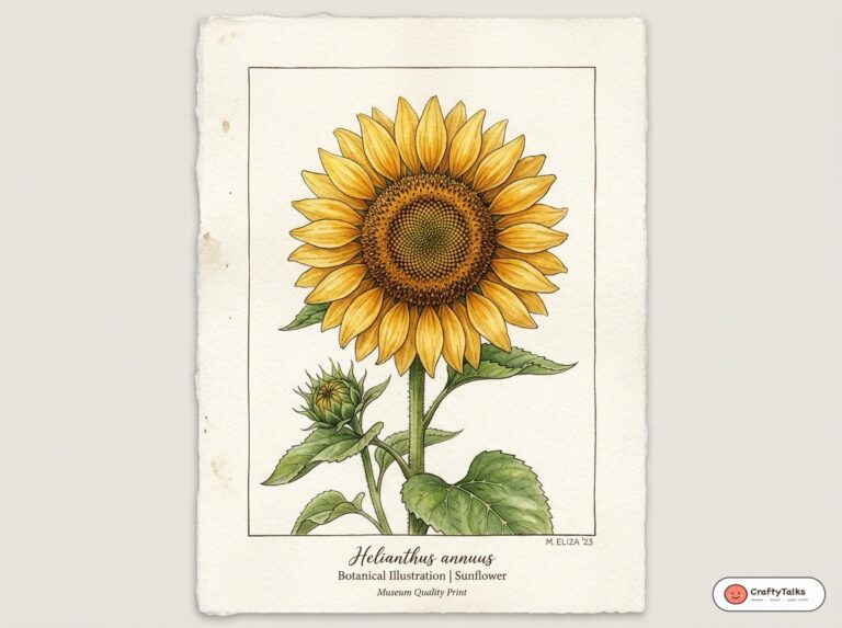 Botanical Watercolor Illustration of Blooming Sunflower Helianthus Annuus