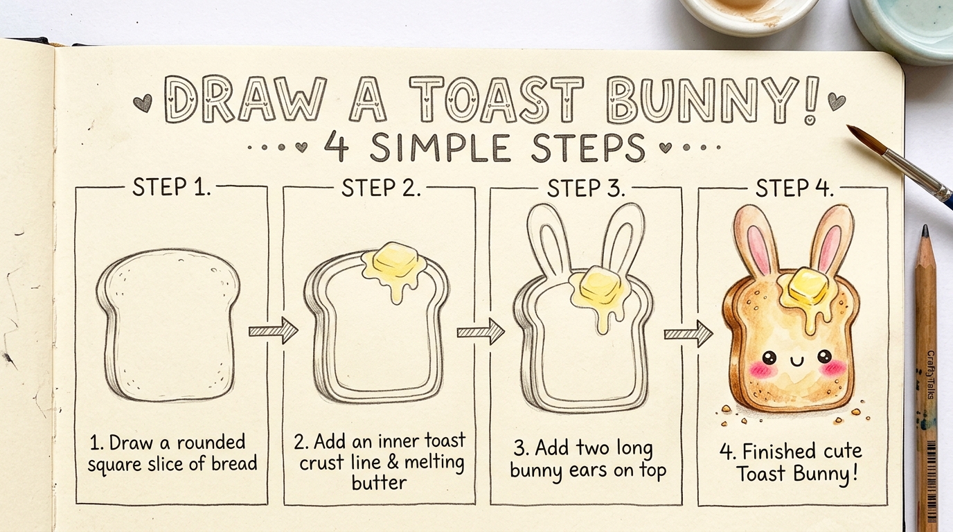 Step-by-step drawing lesson showing how to turn a rounded square into an adorable Toast Bunny in 4 steps