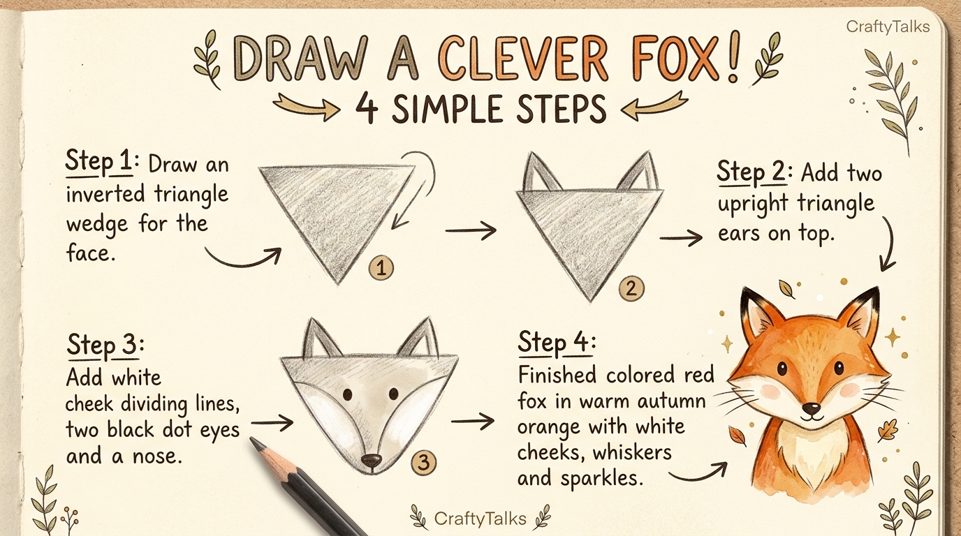 Step-by-step drawing lesson showing how to turn a triangle wedge into an alert red fox face in 4 steps