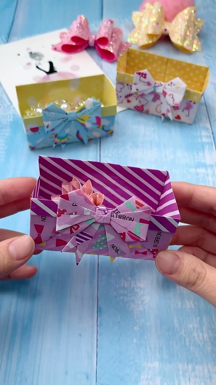 Purple Striped Origami Gift Treat Box Holding Handmade Flower Keepsake