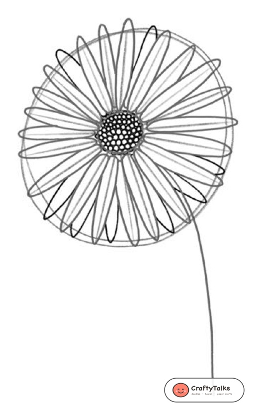 Step 6: Stipple Central Florets & Peek Layered Back Petals - how to draw a realistic daisy