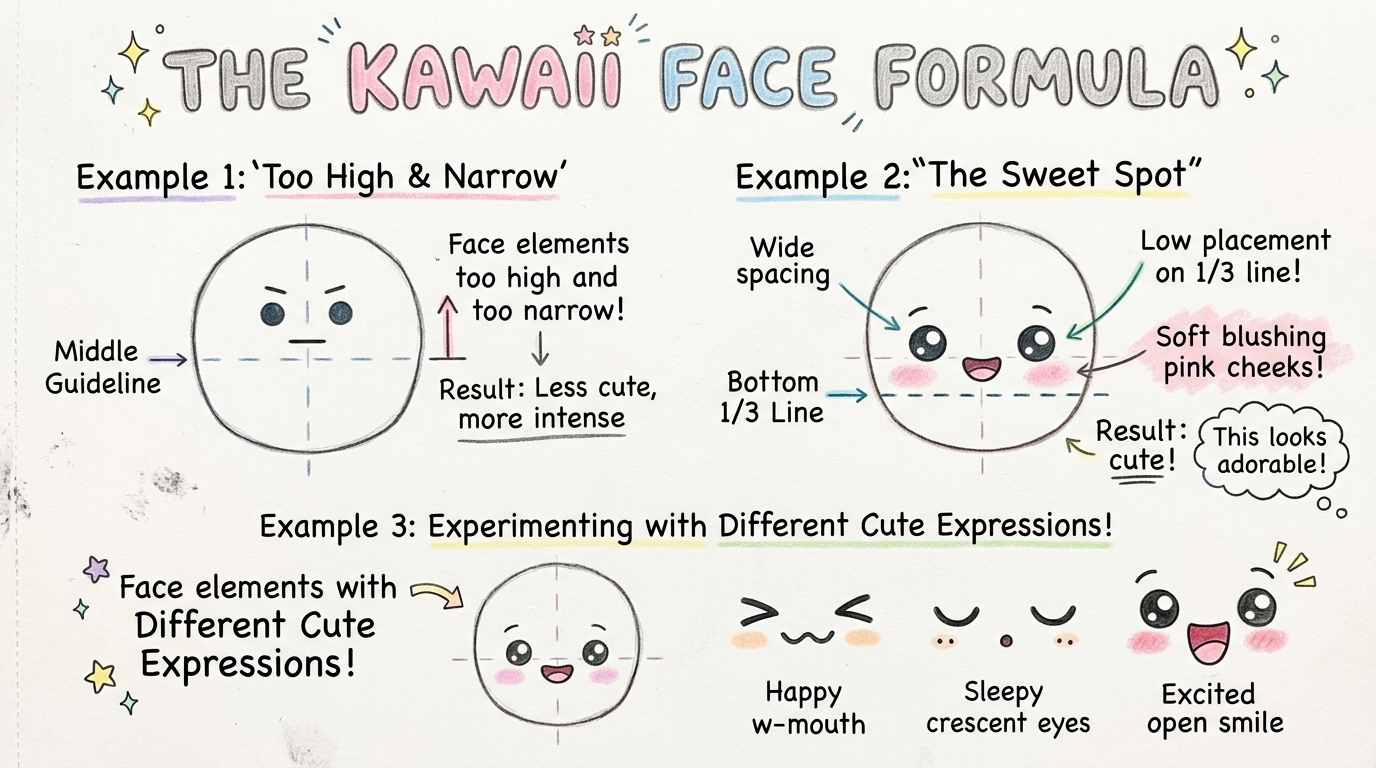 Art tutorial diagram showing the kawaii face formula with eye spacing, low placement, and blushing cheeks