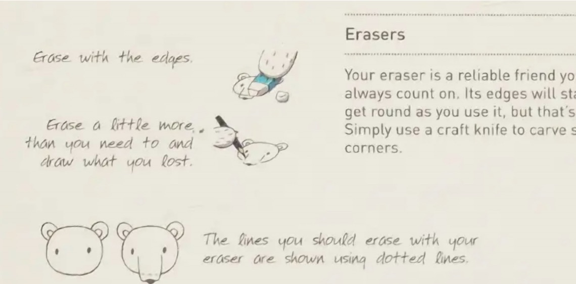 Japanese illustrator eraser hack carving sharp edges with craft knife by Sachiko Umoto