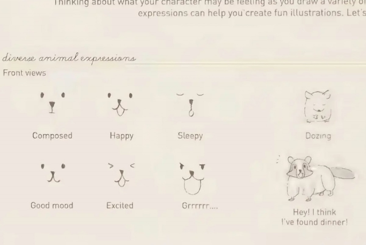 Cute animal facial expressions chart showing composed happy sleepy excited and grrr moods by Sachiko Umoto