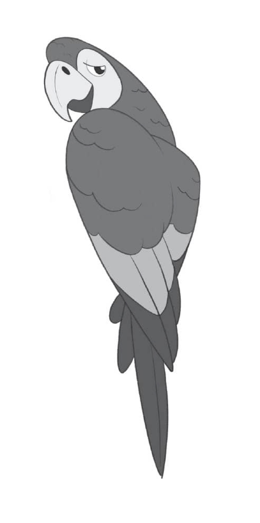 Cartoon macaw showing implied feather details instead of drawing every strand by Keilidh Bradley