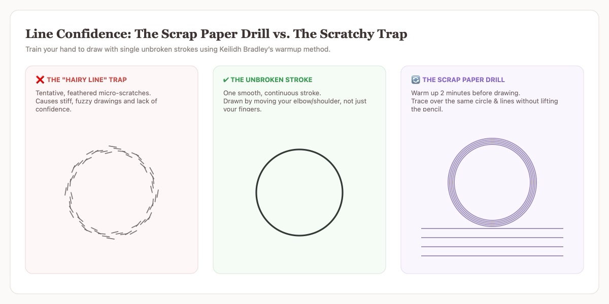 Line confidence exercise vs scratchy hairy line trap with scrap paper warmup drill