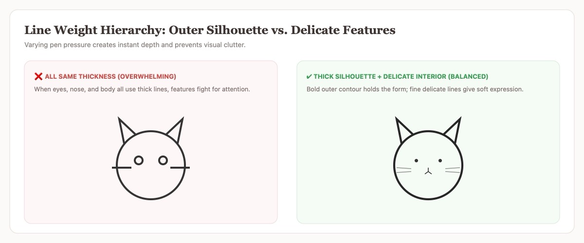 Line weight hierarchy showing bold outer silhouette vs delicate inner facial features