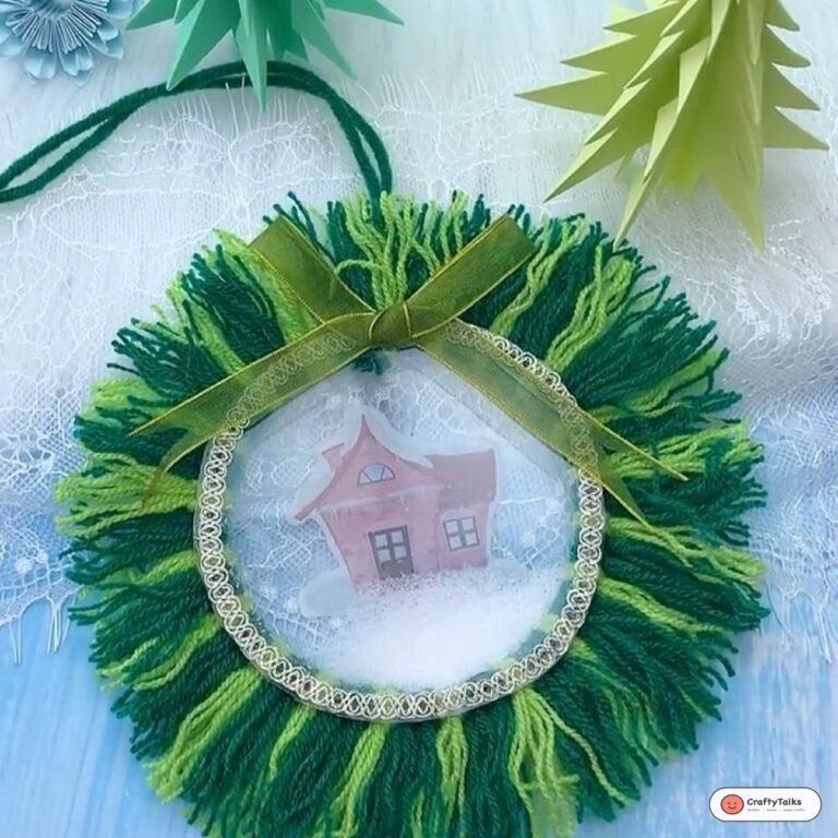 Handmade 3D Paper Christmas Wreath with Pine Green Fringe and Snowy Center Shaker Dome
